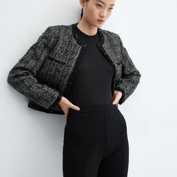 MANGO Sparkle Bead Trim Tweed Career Jacket Blazer PLUS SIZE 3X 4X Blk NEW $150 - Picture 8 of 13